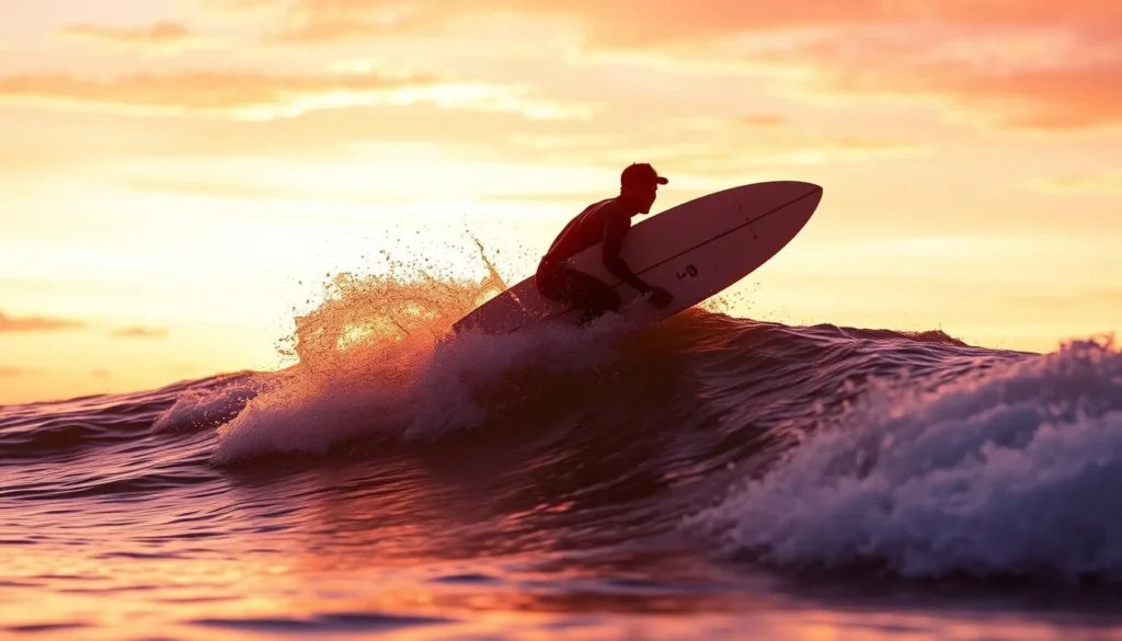Surfer at Congo Beach in Eurobodalla National Park catching a wave at sunset