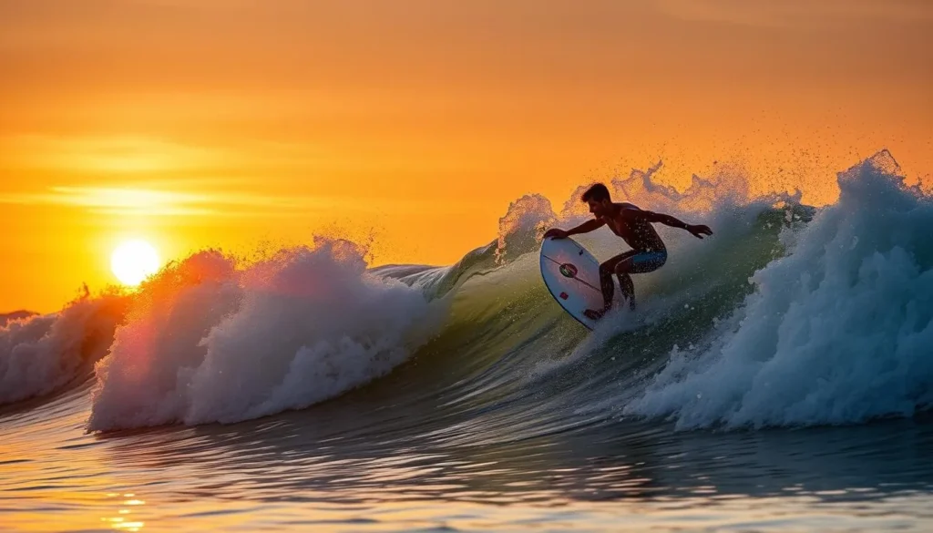 Surfer riding a wave at Hikkaduwa Beach during sunset