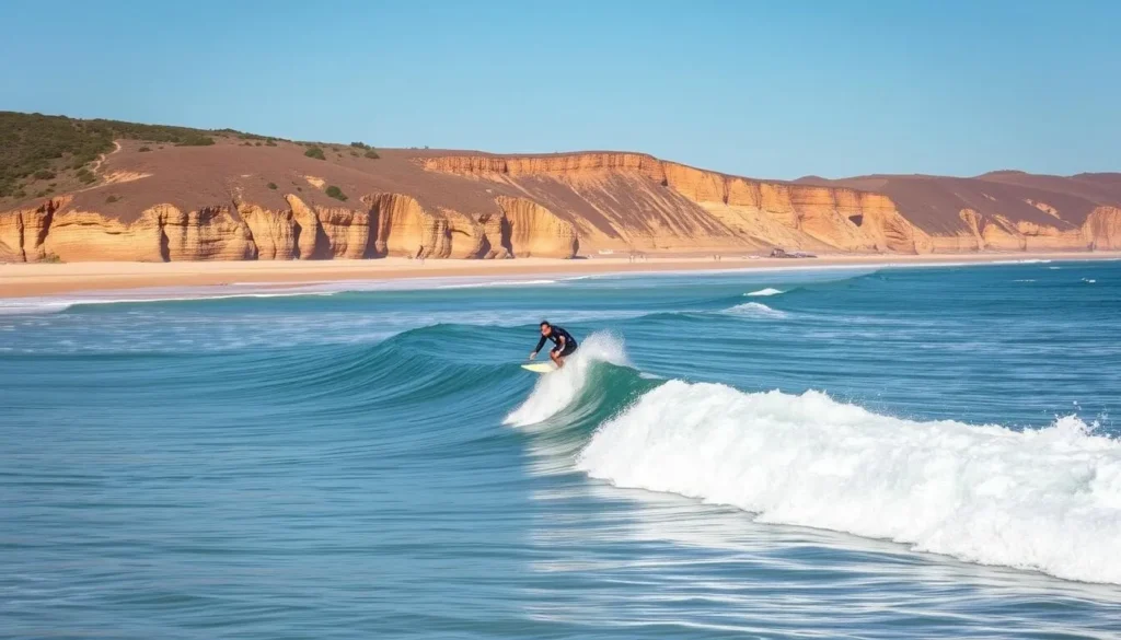 Surfer riding a wave at Pondalowie Bay in Innes National Park