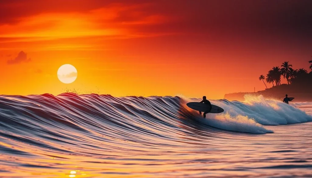 Surfer riding a wave at sunset in Canggu with golden light reflecting off the water Surfer riding a wave at sunset in Canggu with golden light reflecting off the water