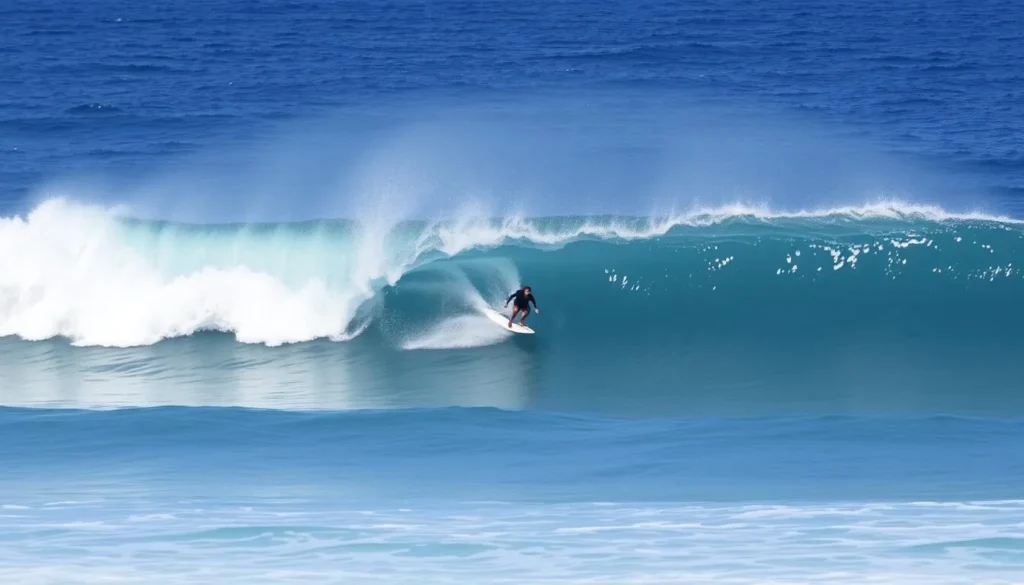 Surfer riding wave at famous surf break in New South Wales
