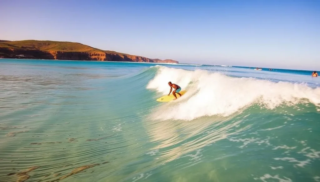 Surfer riding waves at Freights Bay near Fitts Village Barbados