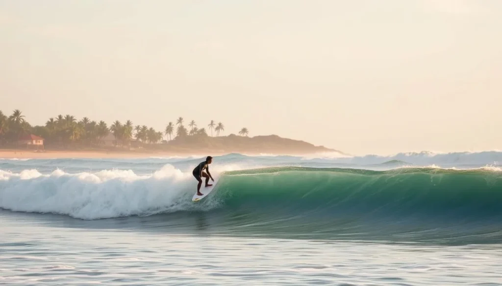 Surfer riding waves at Tonsupa Beach with palm trees in the background