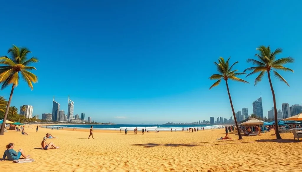 Surfers Paradise beach on Gold Coast Queensland during autumn, showing the best time to visit with perfect weather conditions Surfers Paradise beach on Gold Coast Queensland during autumn, showing the best time to visit with perfect weather conditions