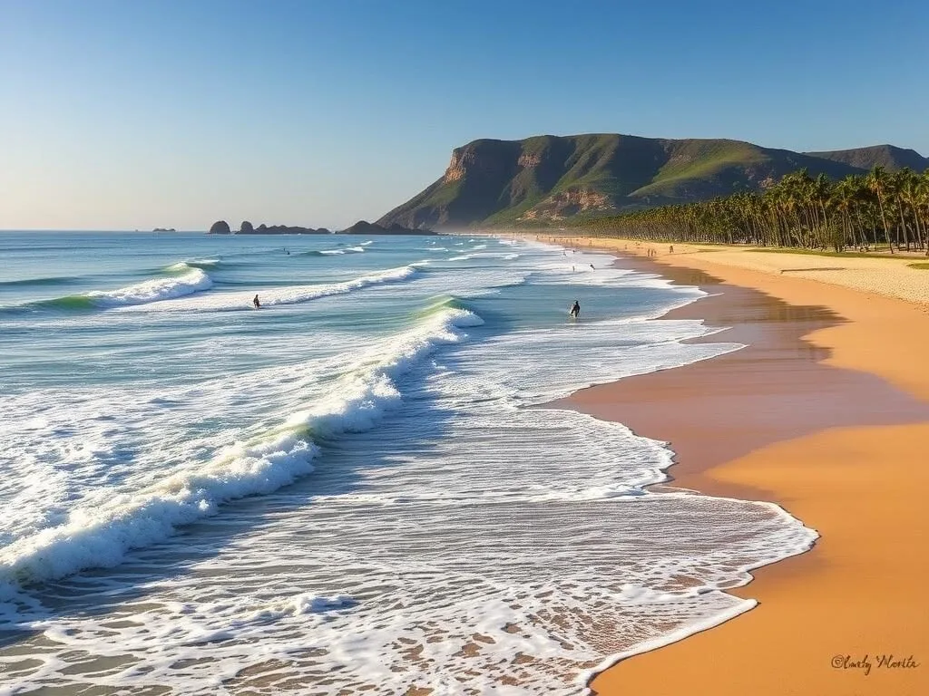 Surfers at Burleigh Beach with the headland in the background