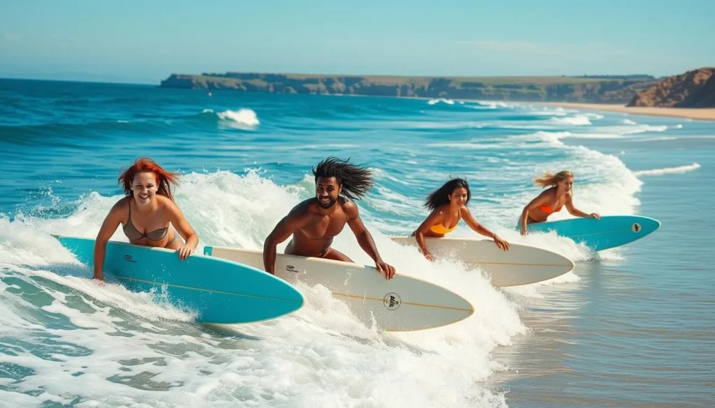 Surfers at Freshwater West beach in Pembrokeshire, Wales with waves and coastline