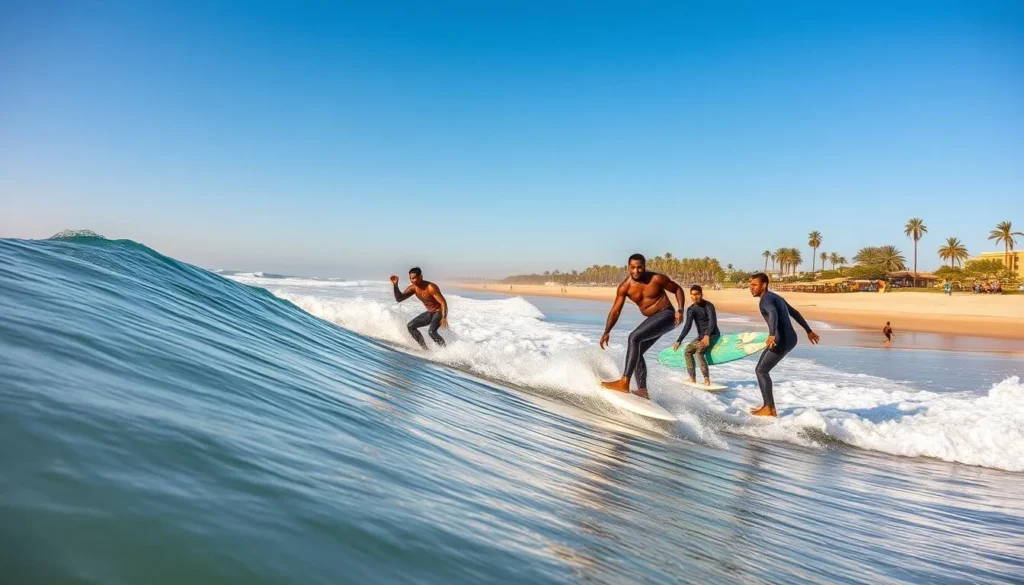 Surfers at Plage des Sablettes in Mohammedia catching waves
