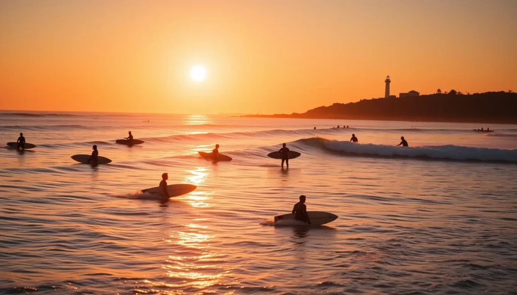 Surfers at The Pass in Byron Bay catching waves at sunset Surfers at The Pass in Byron Bay catching waves at sunset