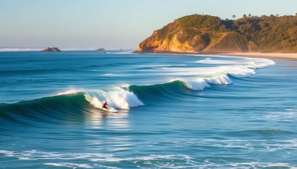 Surfers at The Pass in Byron Bay during optimal surfing conditions in autumn