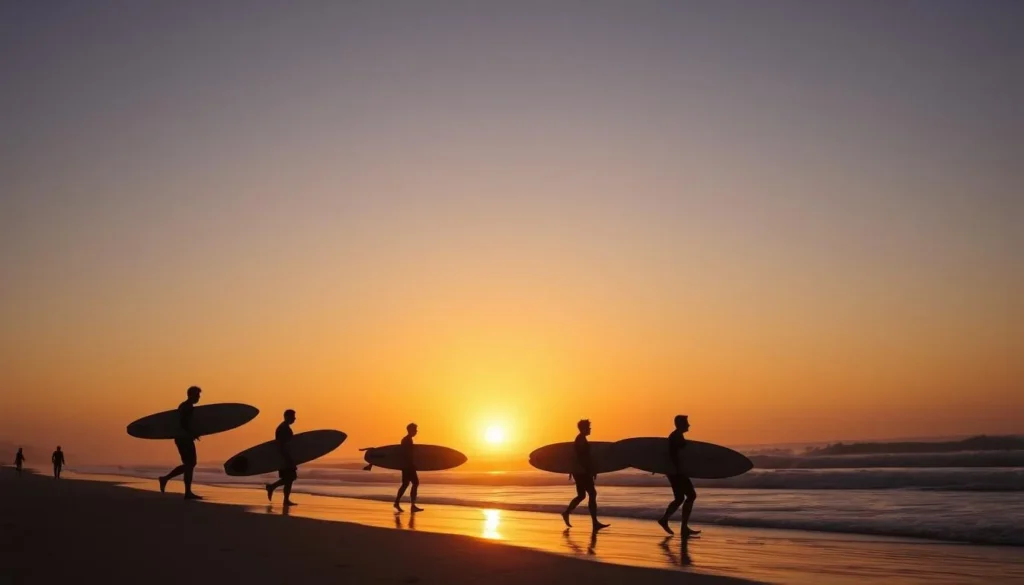 Surfers at sunset on Taghazout beach near Lqliaa, Morocco