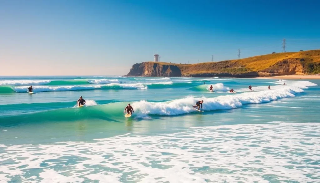 Surfers catching waves at Burleigh Heads Beach, Gold Coast Queensland during the best time to visit in autumn Surfers catching waves at Burleigh Heads Beach, Gold Coast Queensland during the best time to visit in autumn