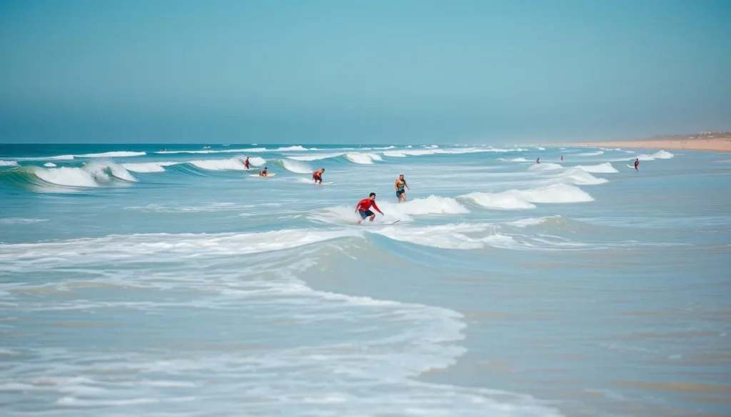 Surfers enjoying waves at Mehdia Beach near Kenitra