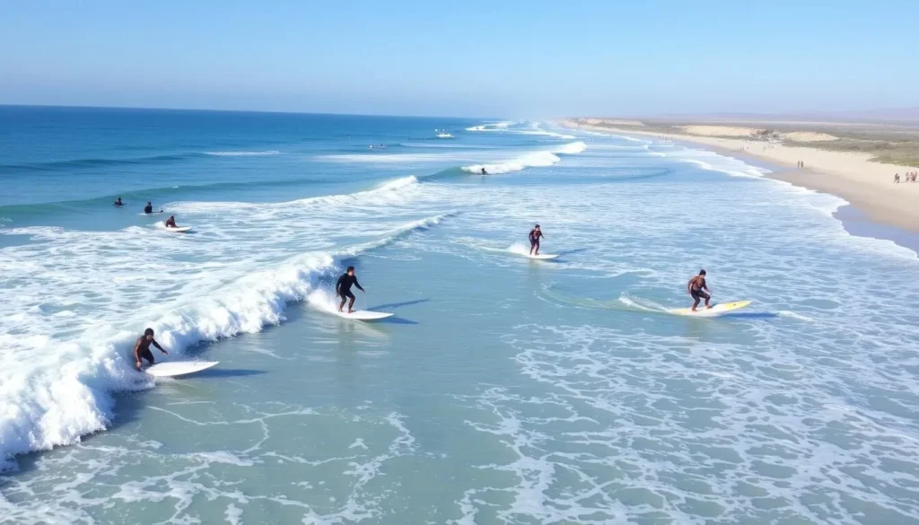 Surfers riding waves at Cerritos Beach near Todos Santos, Baja California Sur Surfers riding waves at Cerritos Beach near Todos Santos, Baja California Sur