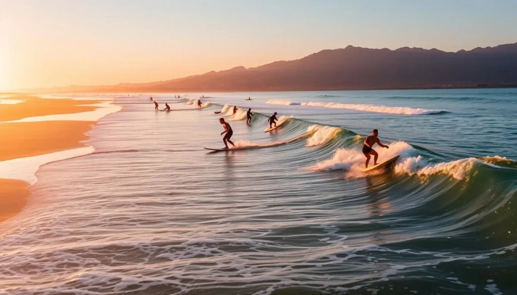 Surfers riding waves at Lagunas de Chacahua beach