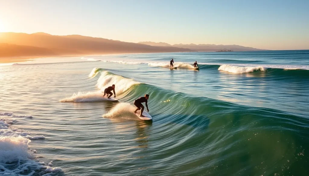 Surfers riding waves at Malibu Lagoon State Beach's famous Surfrider Beach