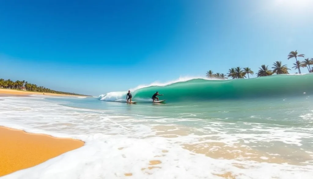 Surfers riding waves at Maracaipe Beach, known for excellent surfing conditions