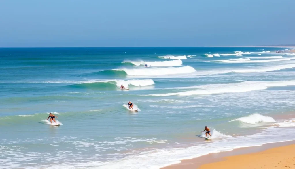 Surfers riding waves at Plage de Bouznika with beachgoers in background