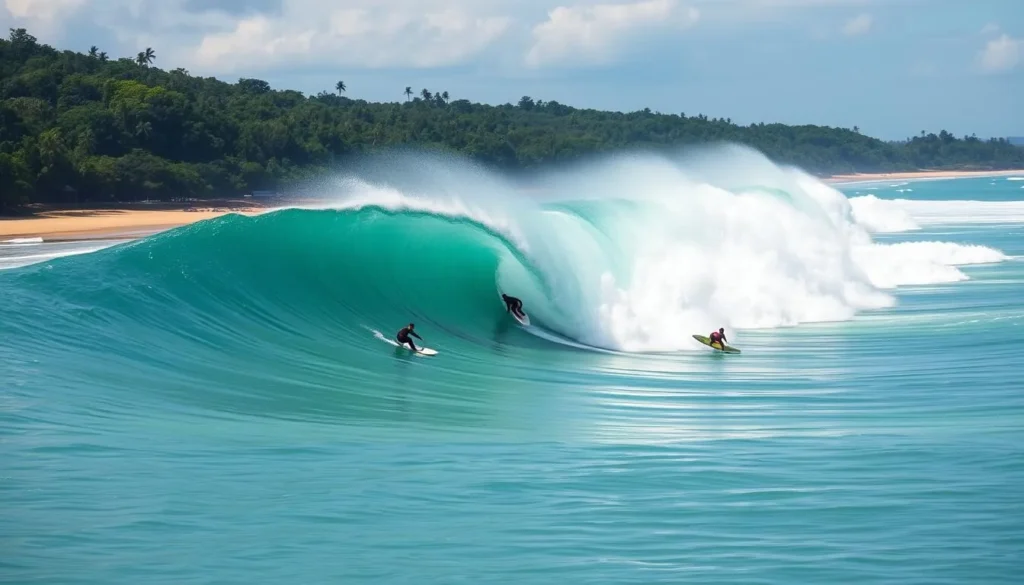 Surfers riding waves at Plengkung Beach (G-Land) in Alas Purwo National Park