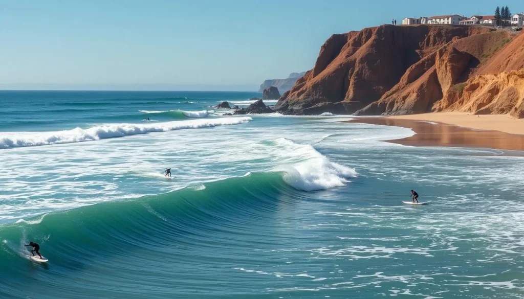 Surfers riding waves at Reñaca Beach with cliffs and viewpoints visible in the background