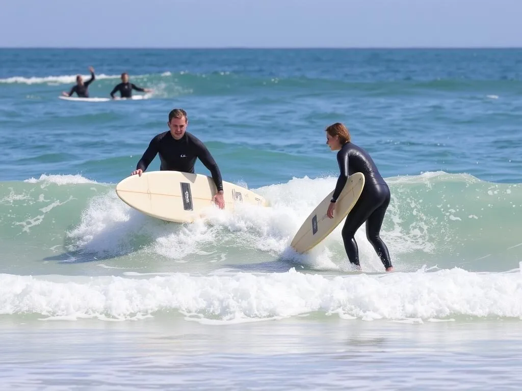 Surfing lessons at Main Beach in Byron Bay during optimal conditions in autumn