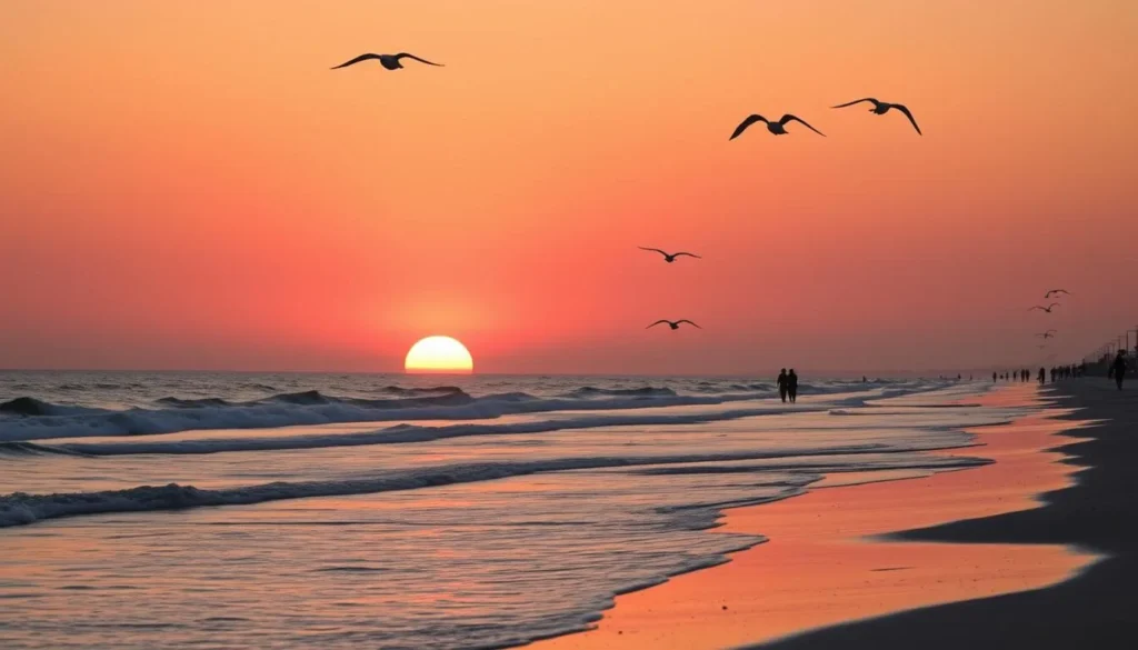Surfside Beach, Texas during sunset with people enjoying the beach Surfside Beach, Texas during sunset with people enjoying the beach