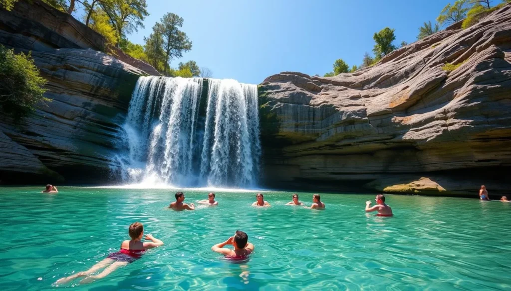 Swimmers enjoying the clear waters at Upper Falls in McKinney Falls State Park Swimmers enjoying the clear waters at Upper Falls in McKinney Falls State Park