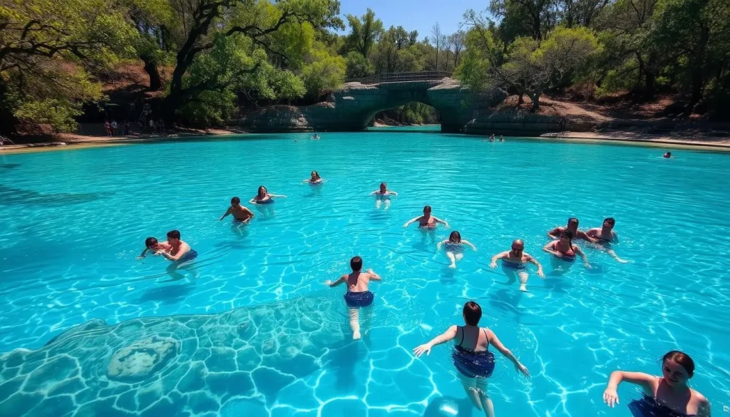 Swimmers enjoying the crystal clear waters of Lafayette Blue Spring with underwater limestone formations visible