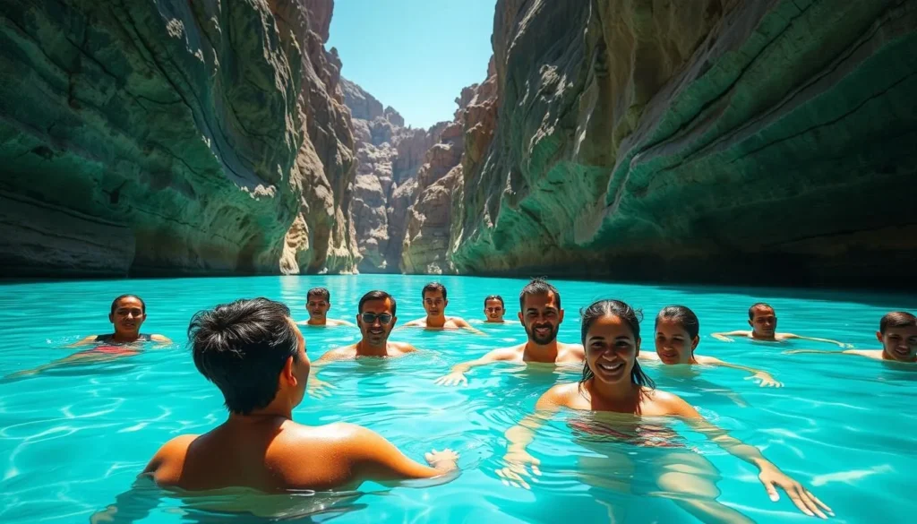 Swimmers enjoying the turquoise pools of Wadi Shab surrounded by canyon walls