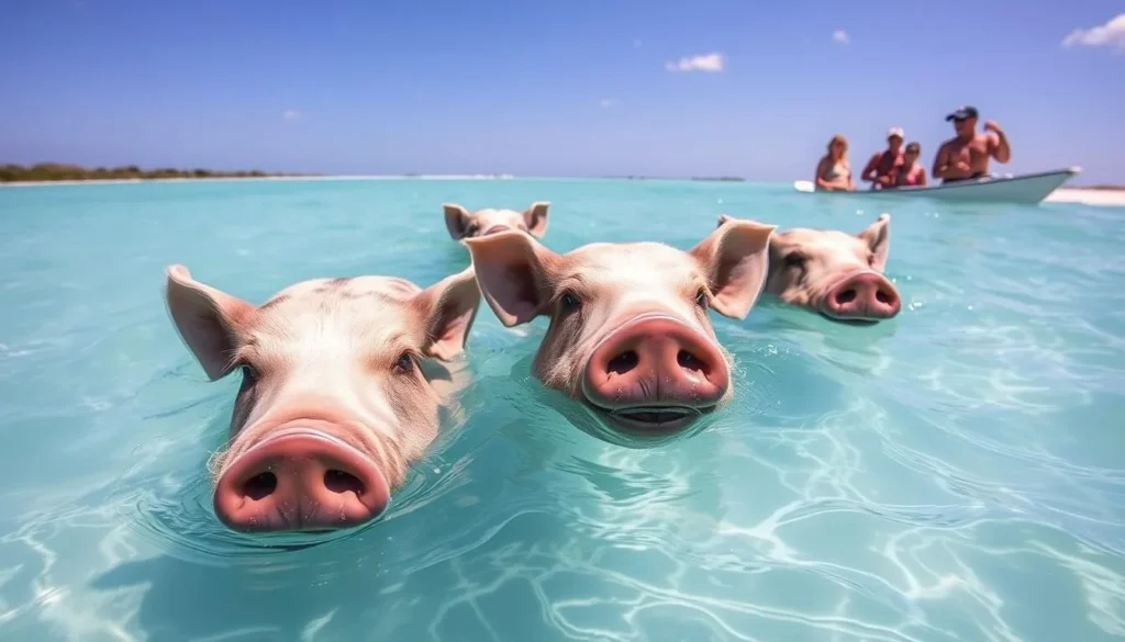 Swimming pigs approaching tourists in clear waters at Pig Beach, Exuma, Bahamas