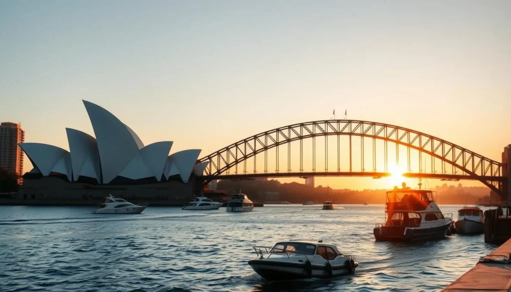 Sydney Opera House and Harbour Bridge at sunset