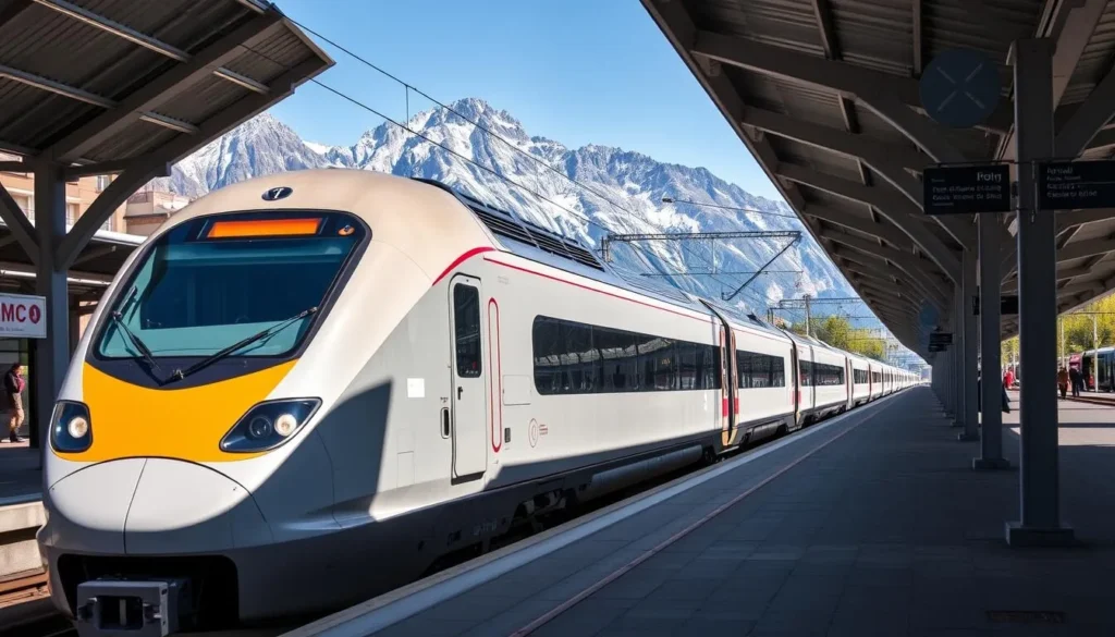TGV high-speed train arriving at Grenoble station with mountains in background TGV high-speed train arriving at Grenoble station with mountains in background