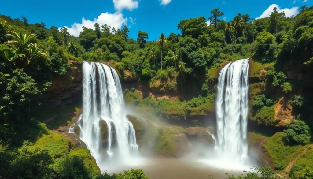 Tad Fane waterfall on the Bolaven Plateau with twin cascades falling into lush jungle