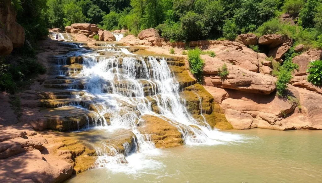Tad Leuk Waterfall in Phou Khao Khouay National Protected Area during dry season with clear water