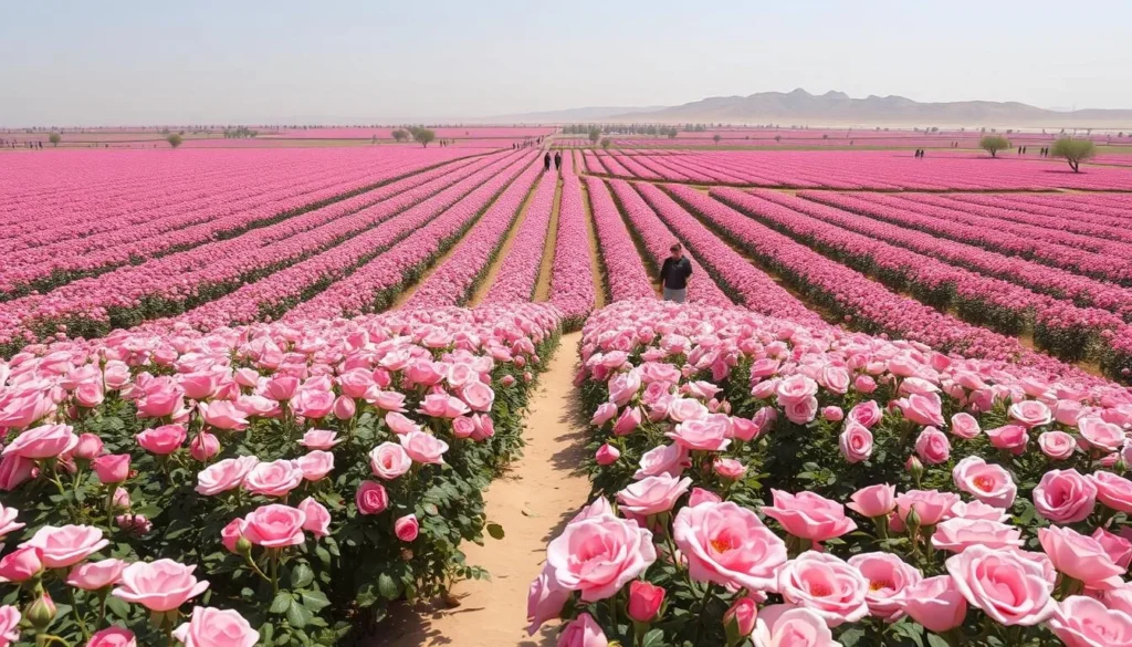 Taif Rose Festival with fields of pink roses in bloom and visitors enjoying the festival