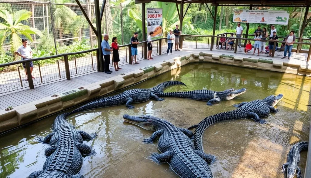 Taman Buaya Indonesia Jaya crocodile park in Bekasi with visitors observing crocodiles in their enclosures