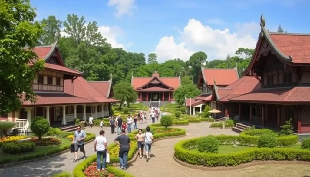 Taman Mini Indonesia Indah cultural park showing traditional houses from different Indonesian provinces