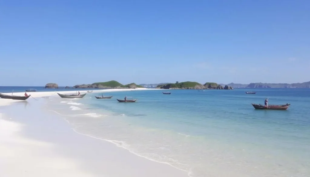 Tambakrejo Beach in Blitar with its white sand shoreline and blue waters, showing fishing boats and coastal scenery