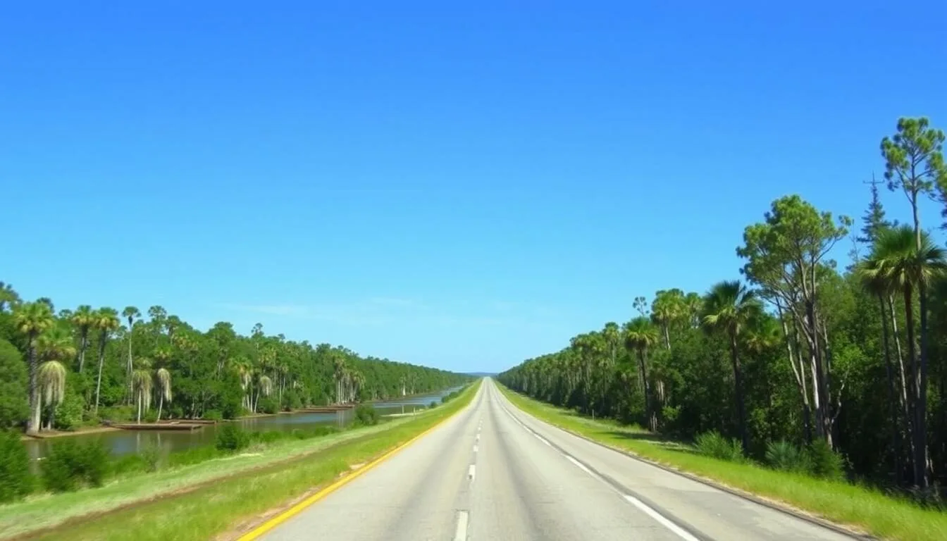Tamiami Trail road cutting through Big Cypress National Preserve Florida with cypress trees and wetlands on both sides