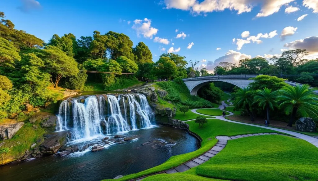 Tanguá Park with its waterfall, arched stone bridge, and walking paths surrounded by greenery