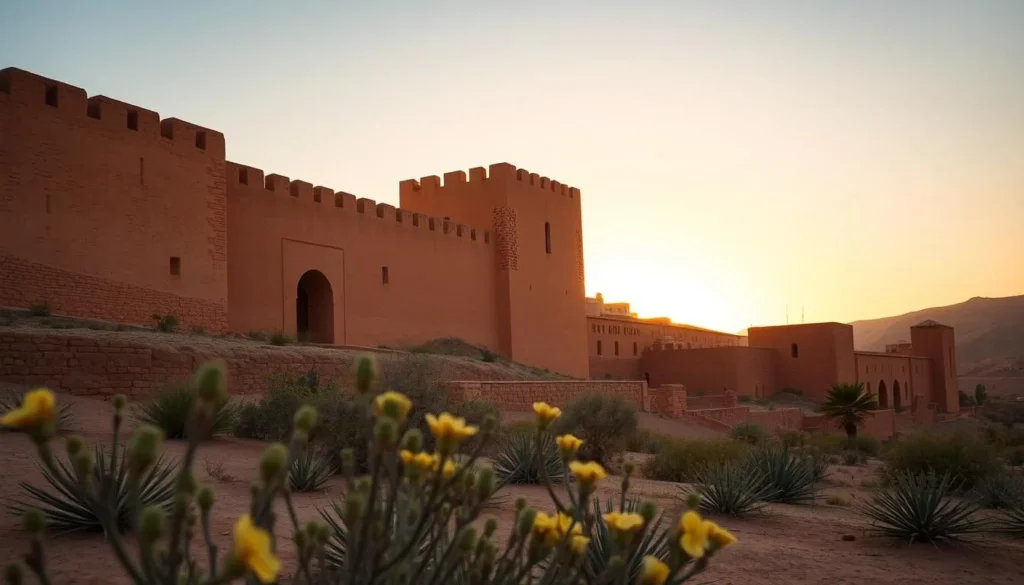 Taourirt ksar during golden hour in spring with blooming desert plants in the foreground