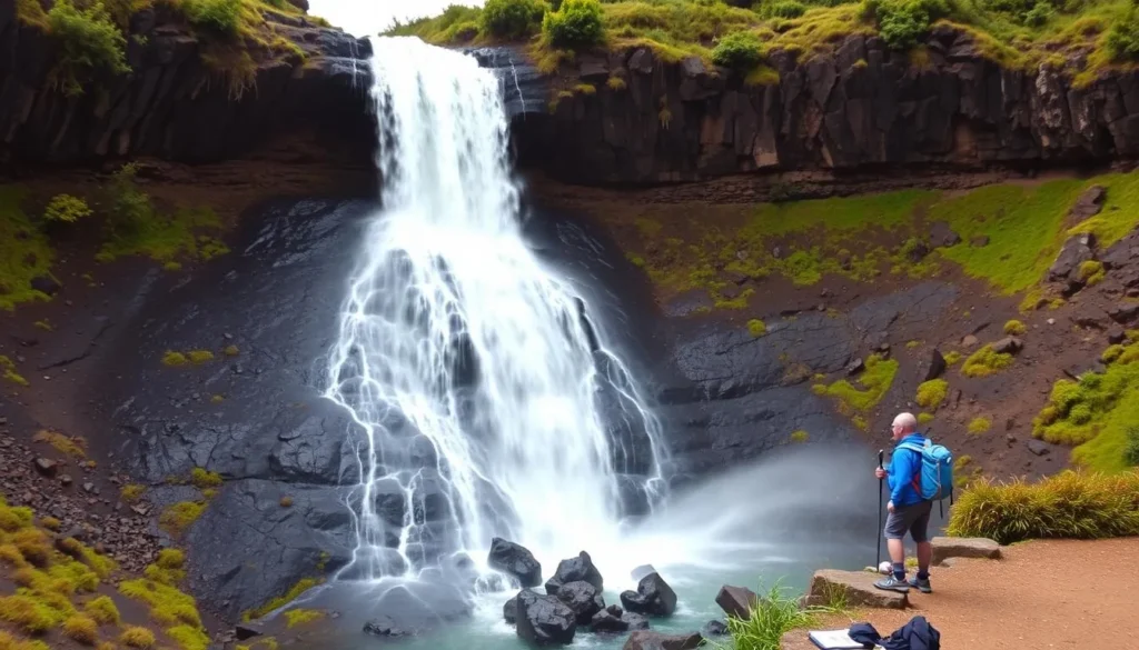 Taranaki Falls in Tongariro National Park with hikers enjoying the view Taranaki Falls in Tongariro National Park with hikers enjoying the view