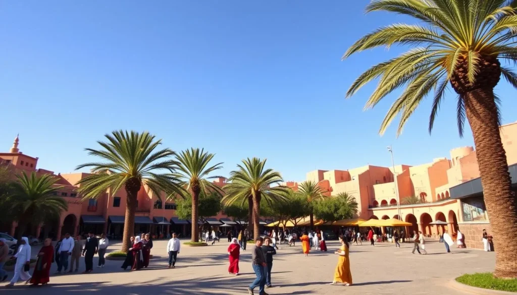 Taroudant's main square with palm trees and local activity during the pleasant spring season