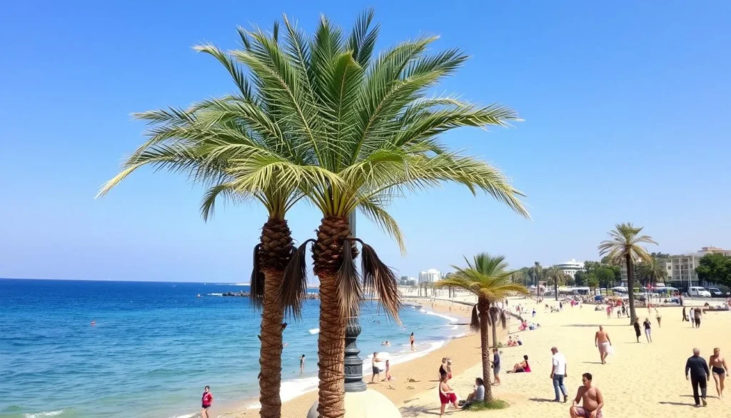 Tartus, Syria beach scene with palm trees and clear blue Mediterranean waters