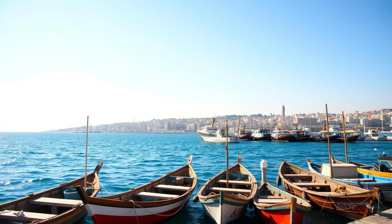 Tartus harbor with boats and the Mediterranean coastline, Syria