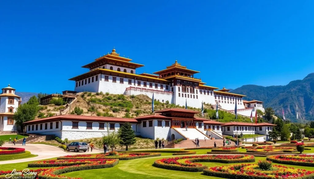 Tashichho Dzong in Thimphu with traditional Bhutanese architecture and gardens
