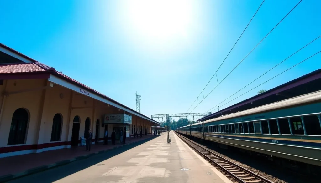 Tasikmalaya railway station with trains and passengers, Indonesia
