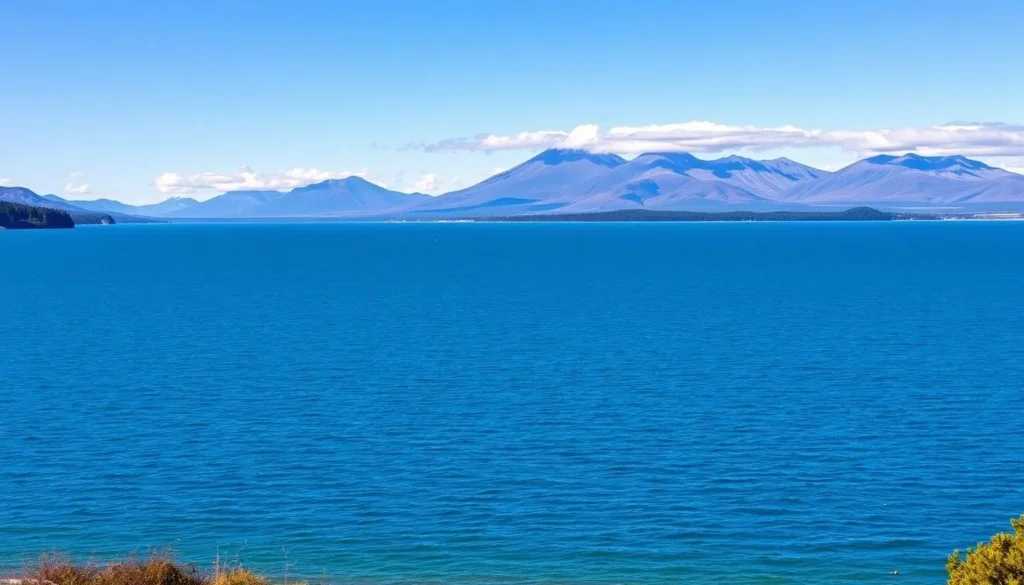 Taupo Lake with mountains in the background, a popular day trip from Hawke's Bay