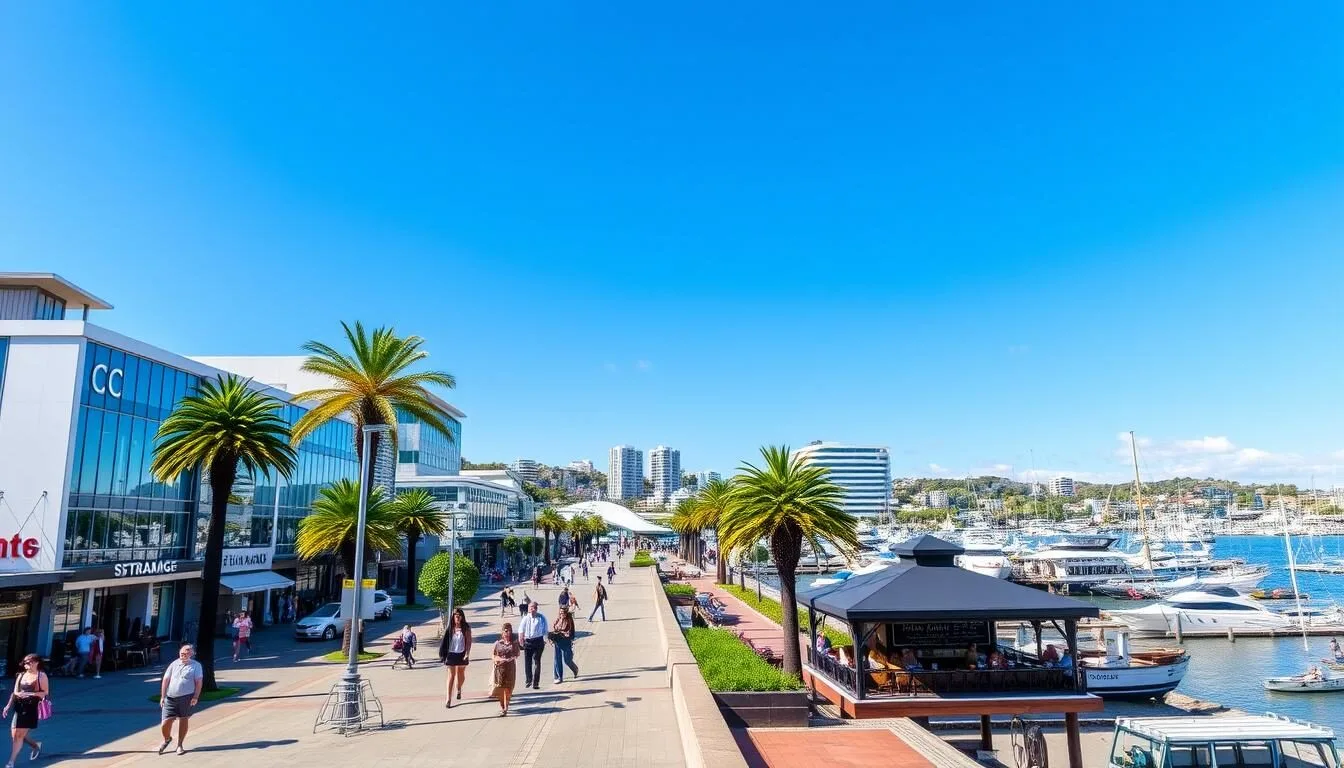 Tauranga city center with The Strand waterfront promenade on a sunny day