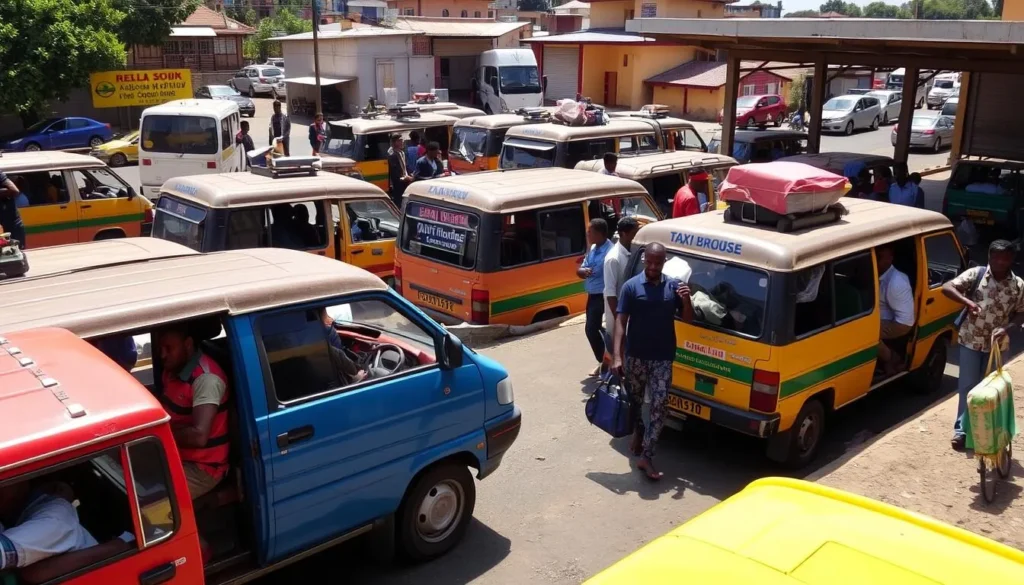 Taxi-brousse station in Antsirabe Madagascar with colorful minivans and passengers Taxi-brousse station in Antsirabe Madagascar with colorful minivans and passengers