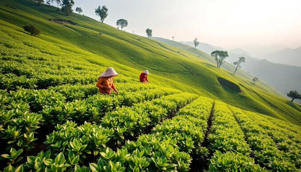 Tea pickers working in lush green tea plantations near Hakgala Mountain Tea pickers working in lush green tea plantations near Hakgala Mountain